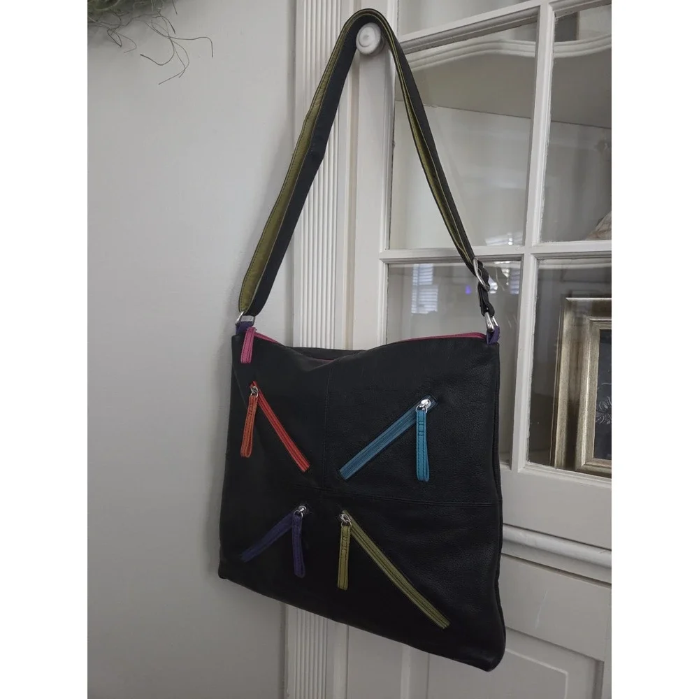 Vtg ili Leather Crossbody Bag Purse Colorful Zips‎ 80s 90s Y2k Hobo Classic Fun